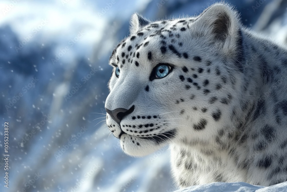 Naklejka premium Snow Leopard Portrait: Majestic Wild Cat in Mountain Landscape