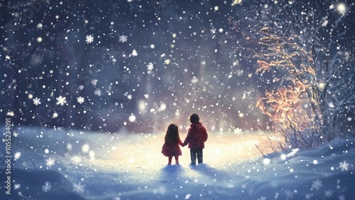 Good Night Baby I Love You in the snow background Merry Christmas. Children, toys, teddy bear, moonlight and winter festive snow scene. Warming tender memories.