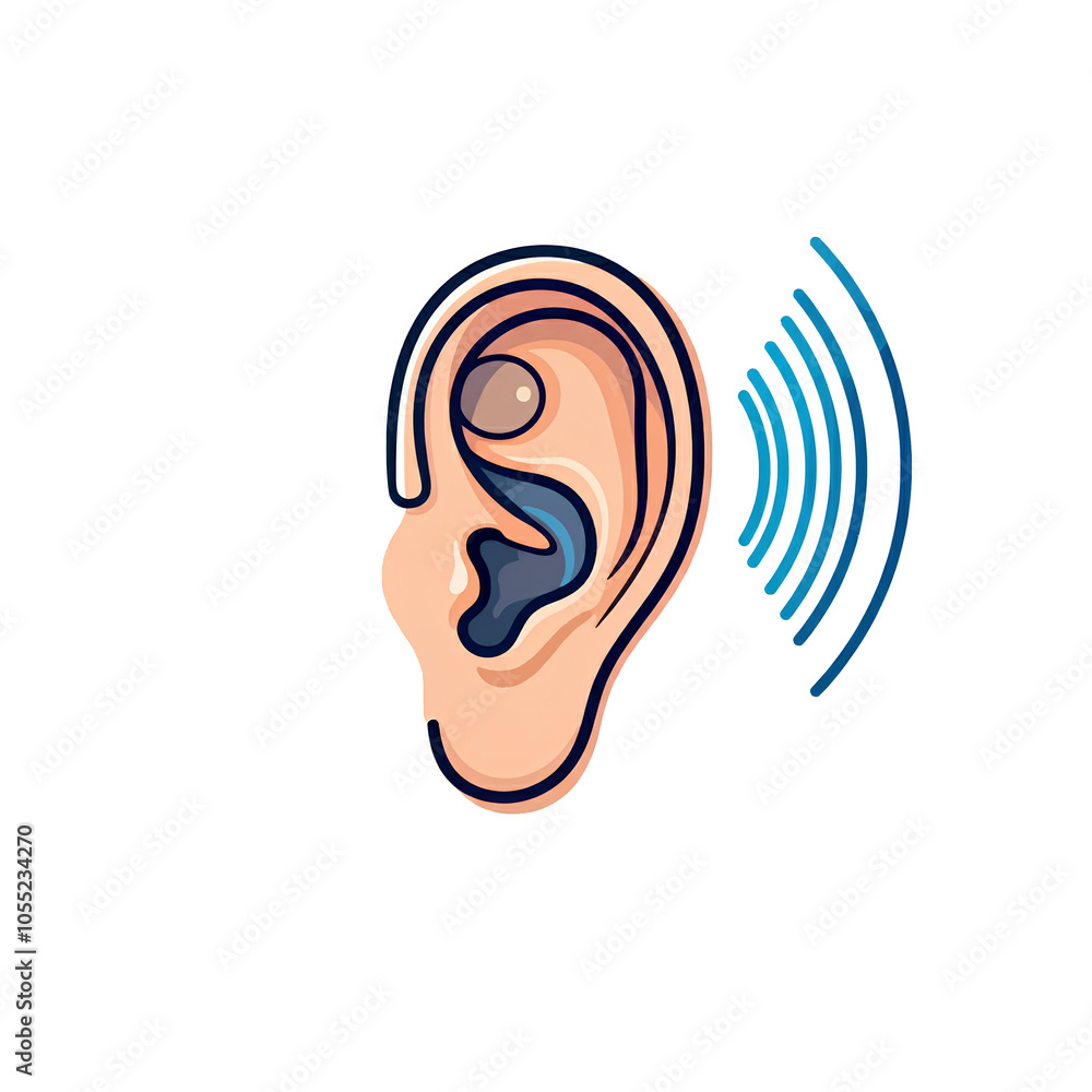 Illustration of an ear with sound waves, representing hearing or listening on a black background. Illustration of an ear with sound waves, representing hearing or listening on a black background.