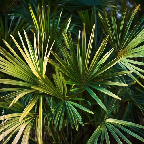 Close-up, Background of Tropical Lush Bright Green Palm Leaves, Natural Textured Foliage.