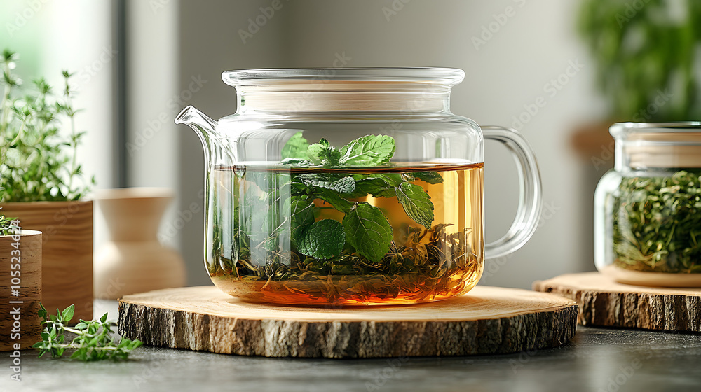 A Glass Teapot Filled with Herbal Tea Surrounded by Wooden Slices on a Rustic Wooden Table. Natural Ingredients Highlight the Essence of Relaxation
A Glass Teapot Filled with Herbal Tea Surrounded by Wooden Slices on a Rustic Wooden Table. Natural Ingredients Highlight the Essence of Relaxation