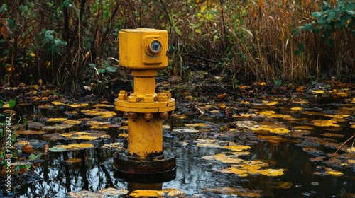 A yellow fire hydrant stands in a wetland area surrounded by autumn foliage.