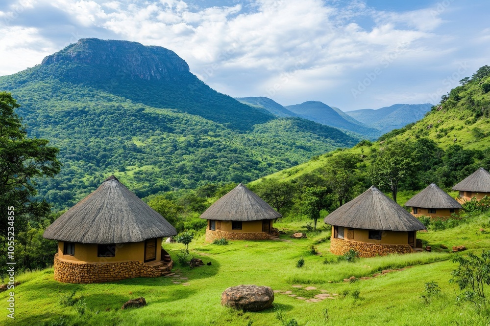 Swaziland Landscape: Majestic Mountains, Lush Green Forests, and Traditional Huts in Ezulwini Valley Swaziland Landscape: Majestic Mountains, Lush Green Forests, and Traditional Huts in Ezulwini Valley