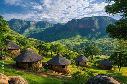 Swaziland Landscape: Scenic Ezulwini Valley with Majestic Mountains and Traditional Huts