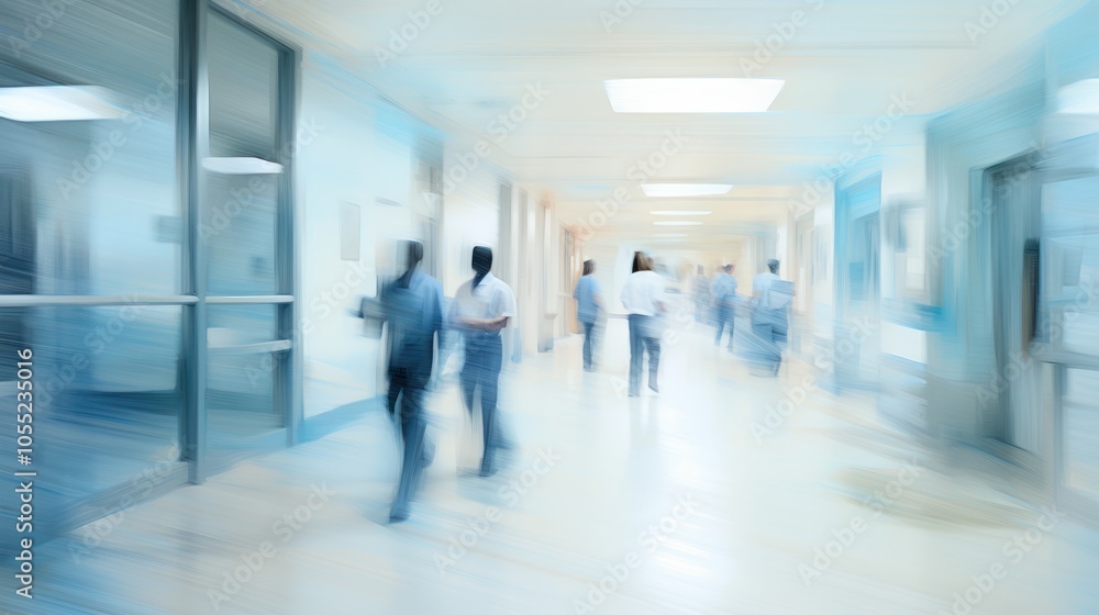 A blurred view of a modern clinic corridor with medical professionals in white coats walking through the hallway, A blurred view of a modern clinic corridor with medical professionals in white coats walking through the hallway,