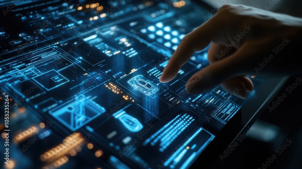 A hand hovering over a touchscreen interface displaying IT system architecture A hand hovering over a touchscreen interface displaying IT system architecture