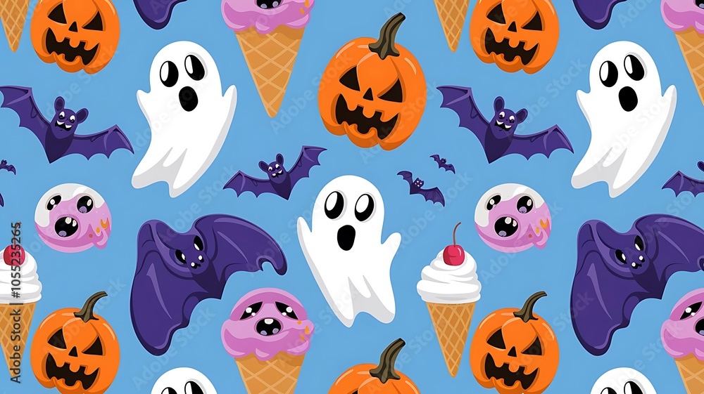 Fototapeta premium Cartoon ice cream seamless Halloween monsters pattern for wrapping paper and fabrics and linens and kids clothes print and autumn packaging and festive accessories. High quality illustration