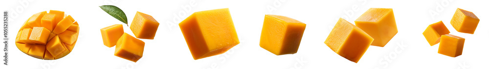 Fresh mango pieces arranged in a row, showcasing vibrant yellow color Fresh mango pieces arranged in a row, showcasing vibrant yellow color