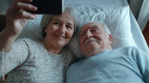 Elderly couple sharing a joyful moment while taking a selfie in bed