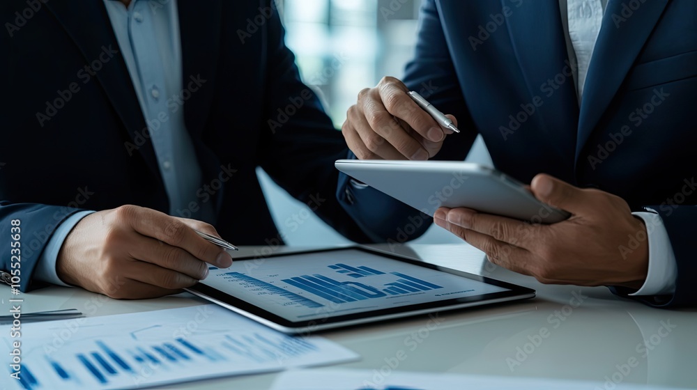 Businesspeople Analyzing Financial Data on Tablet and Charts Businesspeople Analyzing Financial Data on Tablet and Charts