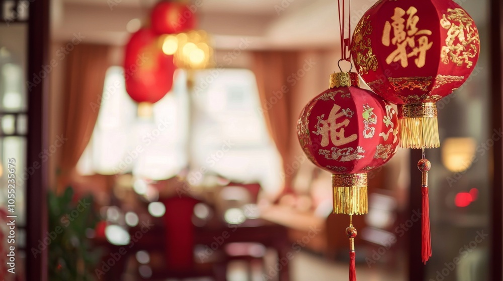 Naklejka premium Family decorating home with red and gold Chinese decor