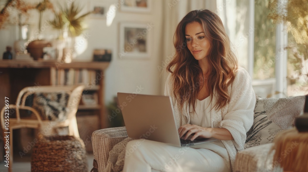 A high-resolution, bright and cheerful candid shot of a woman in her stylish home office, A high-resolution, bright and cheerful candid shot of a woman in her stylish home office,