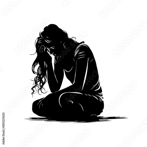 A silhouette of a woman sitting on the ground with her head in hand, black graphic style on a plain background, concept of sadness