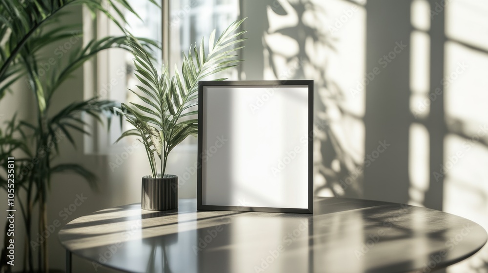 Empty frame on a table beside a potted plant in sunlight Empty frame on a table beside a potted plant in sunlight