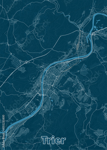 Map of Trier, Germany, rendered in a minimalist style. The map features a deep blue background with white lines representing roads and waterways.