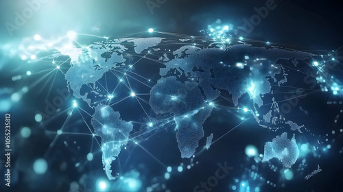 Light blue background with digital world map and global network connections -