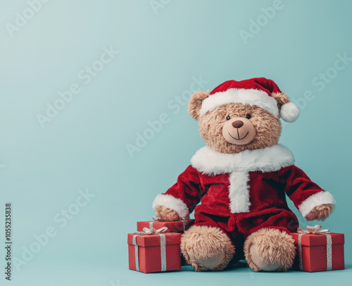 Stuffed toy bear in Christmas costume sitting with gift boxes, exuding festive cheer and warmth. Perfect for holiday decorations and celebrations