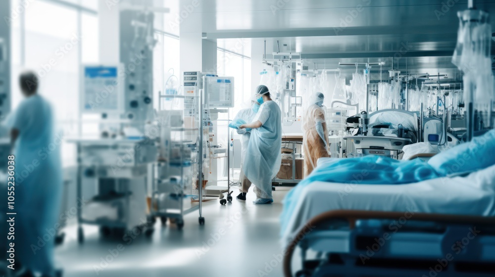 the dynamic activity of healthcare professionals in a hospital ward, with patient beds and medical devices barely in focus the dynamic activity of healthcare professionals in a hospital ward, with patient beds and medical devices barely in focus