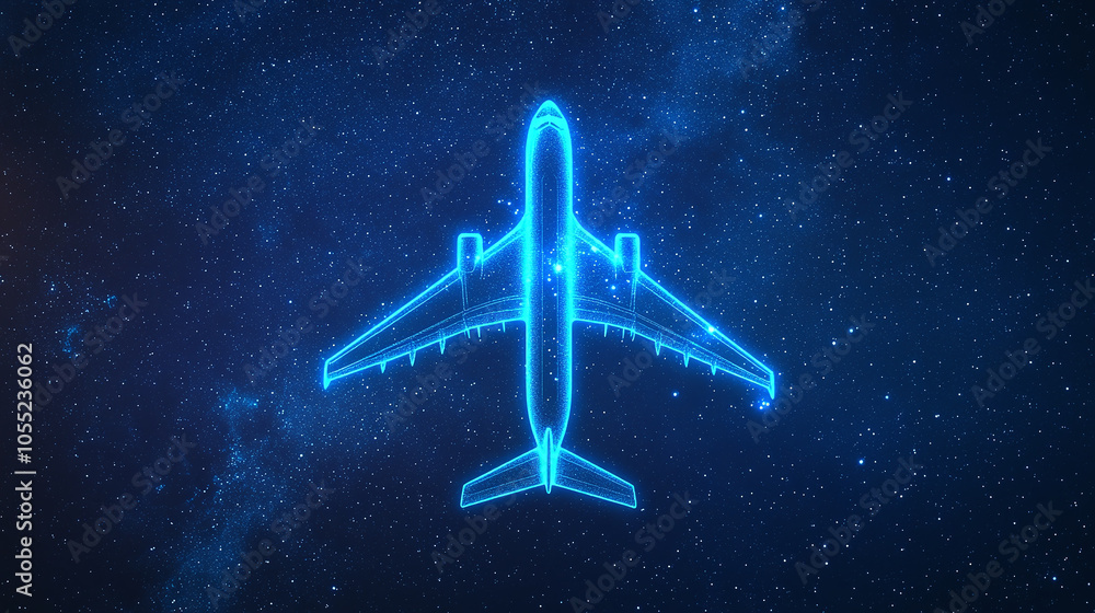 Neon blue airplane icon against a starry night sky, symbolizing travel, aviation, and connectivity. Neon blue airplane icon against a starry night sky, symbolizing travel, aviation, and connectivity.