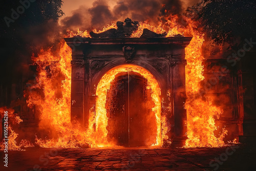 hell's gate, devil, horrific gates of hell with flames and fire and smoke