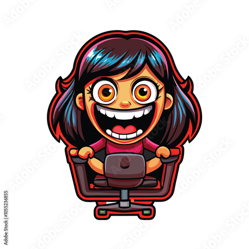 A young woman, a gamer girl, with wide eyes and an excited expression, reacting to something on her computer screen.