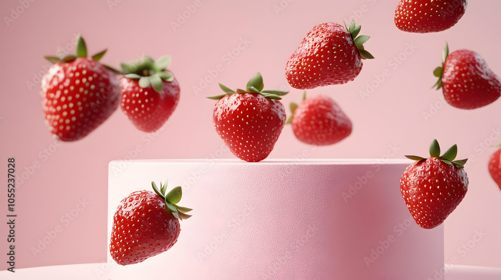 Minimal 3D scene of strawberries flying above a pink strawberry podium, vibrant food concept - Minimal 3D scene of strawberries flying above a pink strawberry podium, vibrant food concept -