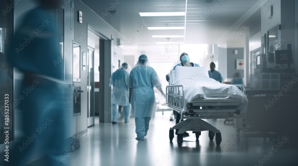 hospital corridor with doctors and nurses pushing a patient on a stretcher, hospital corridor with doctors and nurses pushing a patient on a stretcher,