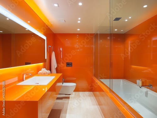 Modern bathroom featuring an orange wall, minimalist floating vanity, and recessed lighting photo