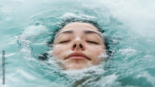 Swimmer Floating on Back in Ice Hole, eyes closed, with a peaceful expression, creating a minimalist and serene portrait