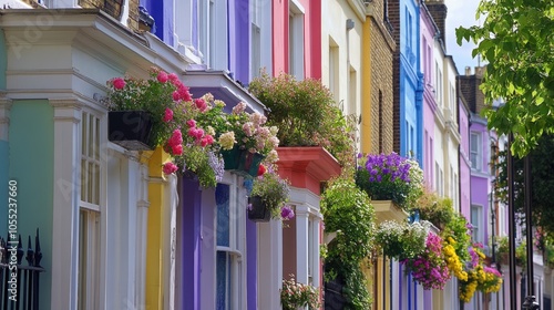 A lovely spring day in Notting Hill, London, with charming streets lined with colorful