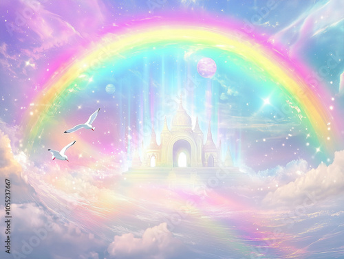 Stunning Rainbow Arching Over an Idyllic Landscape with a Mystical White Glowing Temple, Bright Rays of Light Piercing Through Clouds, Creating a Scene of Awareness Surrounded by Colorful Wonderland