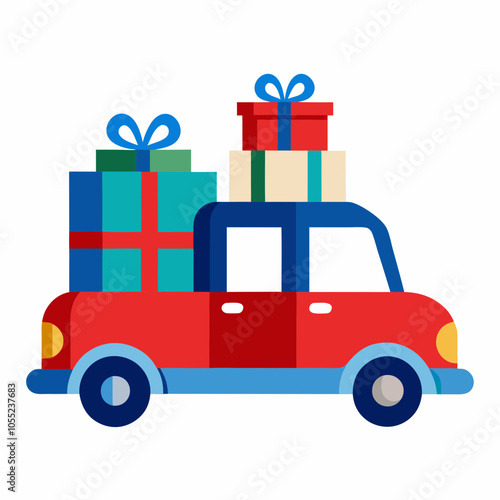 vintage Christmas car with many gifts on a white background