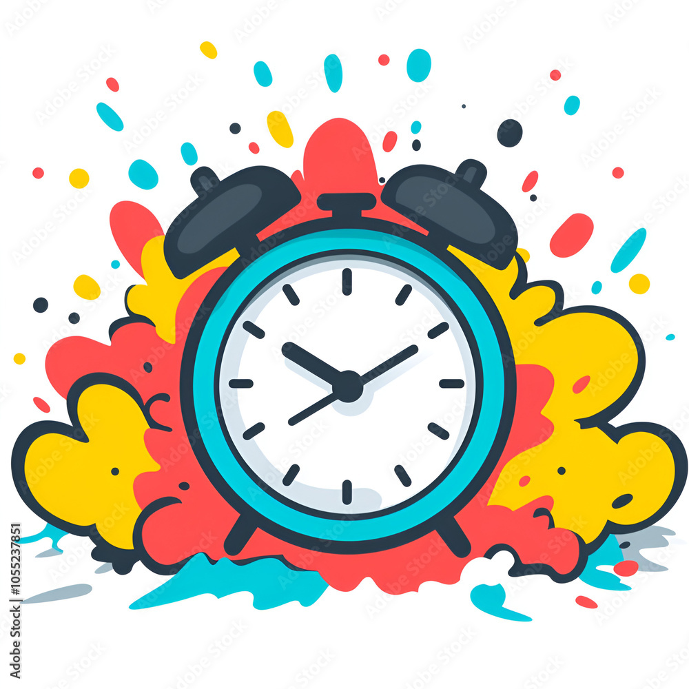A colorful explosion of creativity featuring a cartoonish alarm clock surrounded by vibrant splashes of paint A colorful explosion of creativity featuring a cartoonish alarm clock surrounded by vibrant splashes of paint