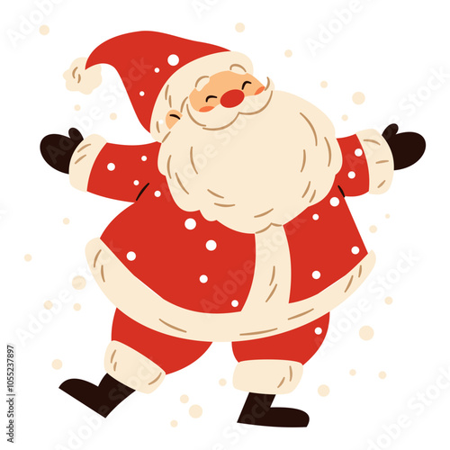 Flat vector illustration in children's style. Happy Cute Santa Claus dancing under the snow coming down. Vector illustration