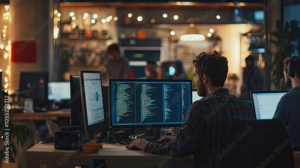Man Working on a Computer with Code Displayed on the Screen in a Dimly Lit Office Man Working on a Computer with Code Displayed on the Screen in a Dimly Lit Office