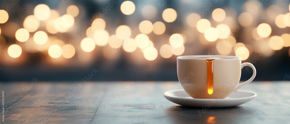 A steaming cup of coffee placed on a rustic wooden table, illuminated by soft, glowing bokeh lights in the background, creating a cozy atmosphere. A steaming cup of coffee placed on a rustic wooden table, illuminated by soft, glowing bokeh lights in the background, creating a cozy atmosphere.