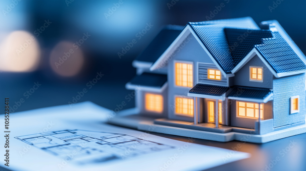 A house is shown on a computer screen with a blue background. The house is very detailed and he is a model of a house A house is shown on a computer screen with a blue background. The house is very detailed and he is a model of a house