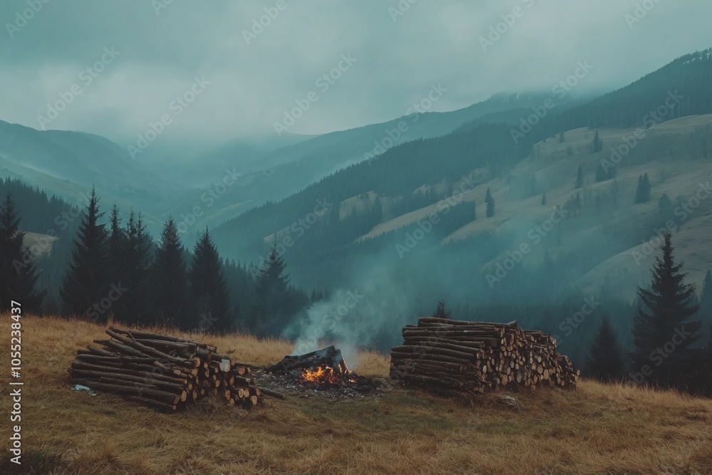 Naklejka premium Deforested Area with Burning Wood Piles