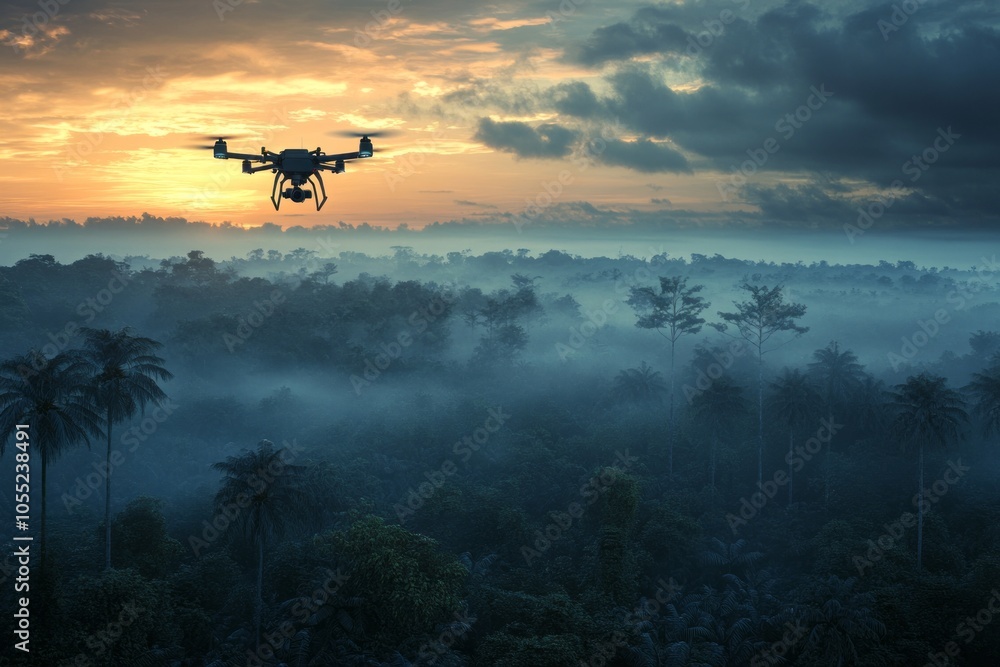 flying drone , with dramatic sky as background ,on Indonesia forest , wind flow flying drone , with dramatic sky as background ,on Indonesia forest , wind flow