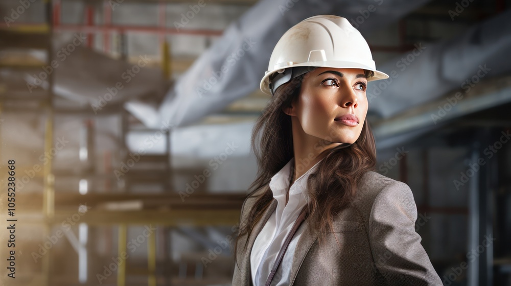 Captured on a construction site, a female architect examines the ongoing work with a focused gaze, Captured on a construction site, a female architect examines the ongoing work with a focused gaze,