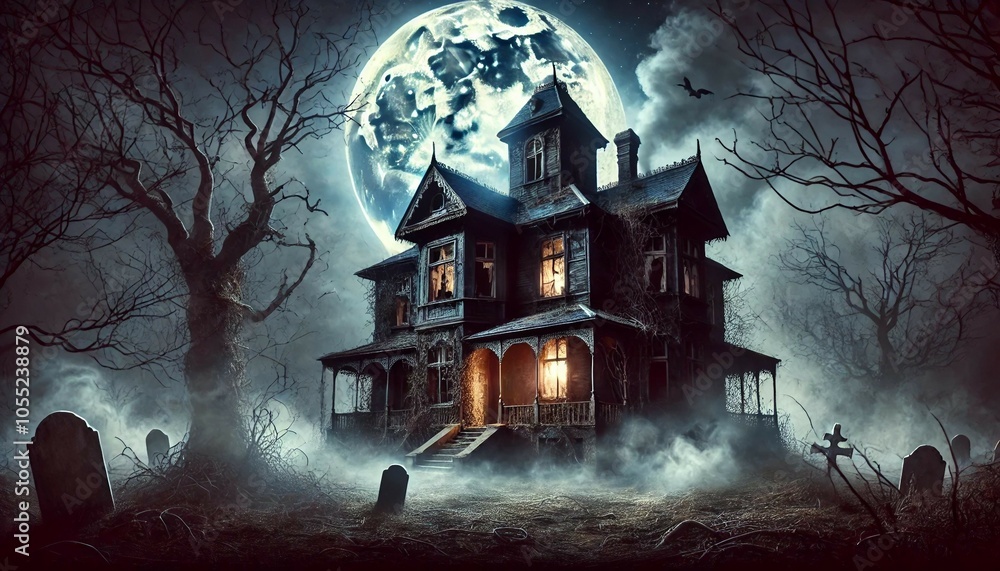 An eerie Halloween scene showing a haunted mansion under a bright full moon, Generative AI An eerie Halloween scene showing a haunted mansion under a bright full moon, Generative AI