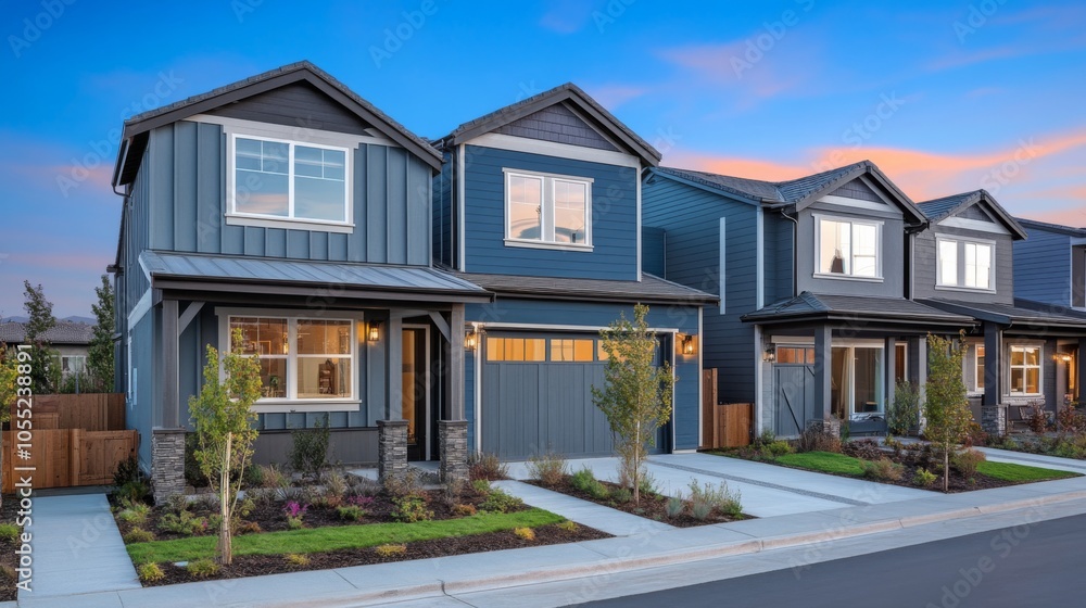 Bright Residential Homes with Detailed Textures in Evening Light Bright Residential Homes with Detailed Textures in Evening Light