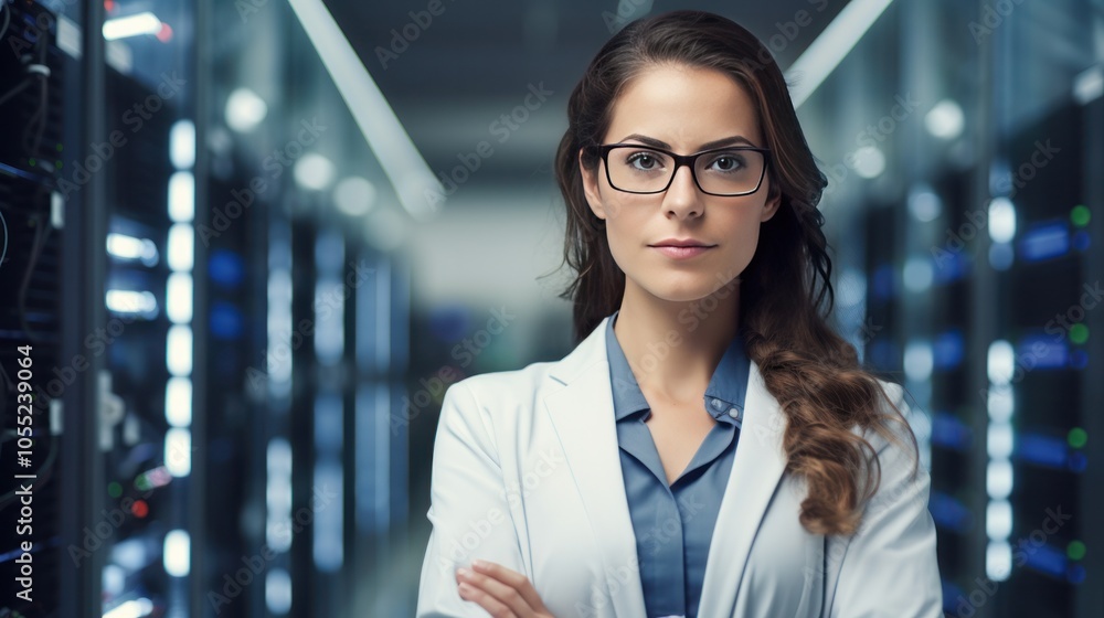 Obraz premium a female engineer standing confidently with her arms crossed before a data center filled with sleek servers
