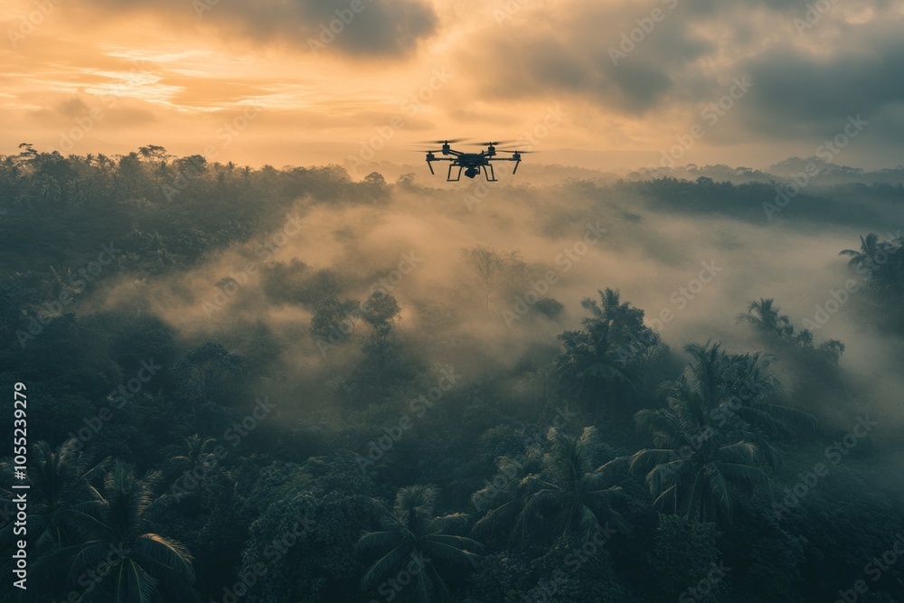 Fototapeta premium flying drone , with dramatic sky as background ,on Indonesia forest , wind flow