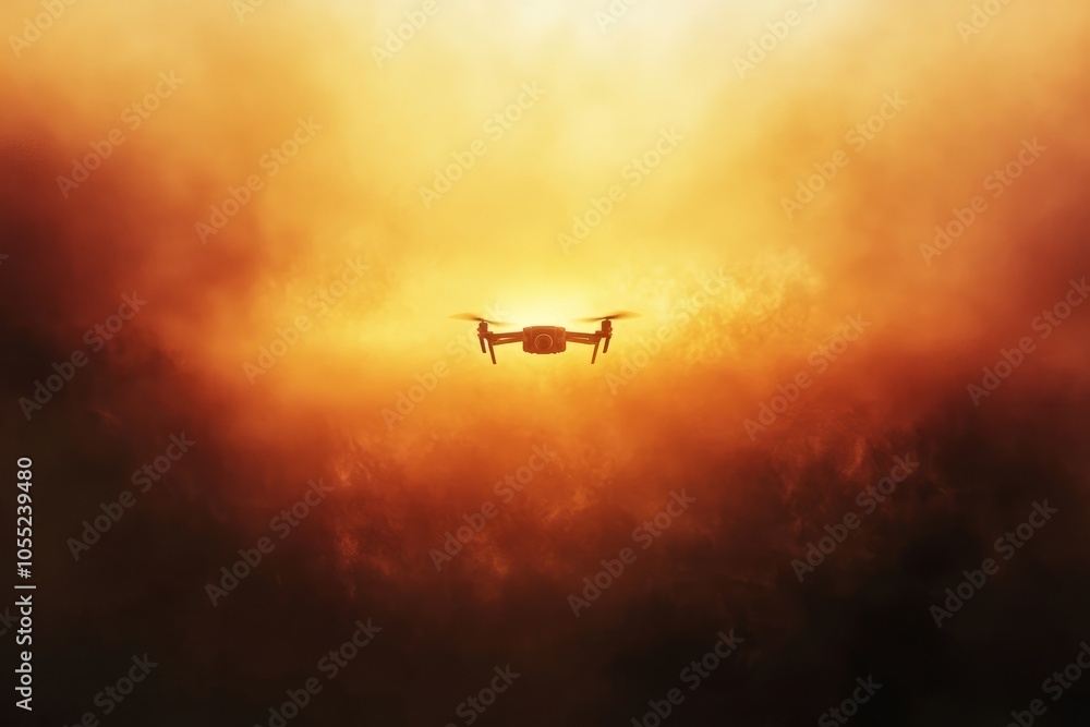 flying drone in the distance, a subtle harmony of orange and yellow, dreamy background, wind flow flying drone in the distance, a subtle harmony of orange and yellow, dreamy background, wind flow