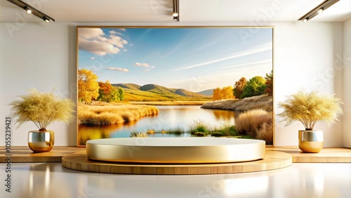 Modern interior design with golden podium, wooden platform, and a picture of a lake and mountain landscape.