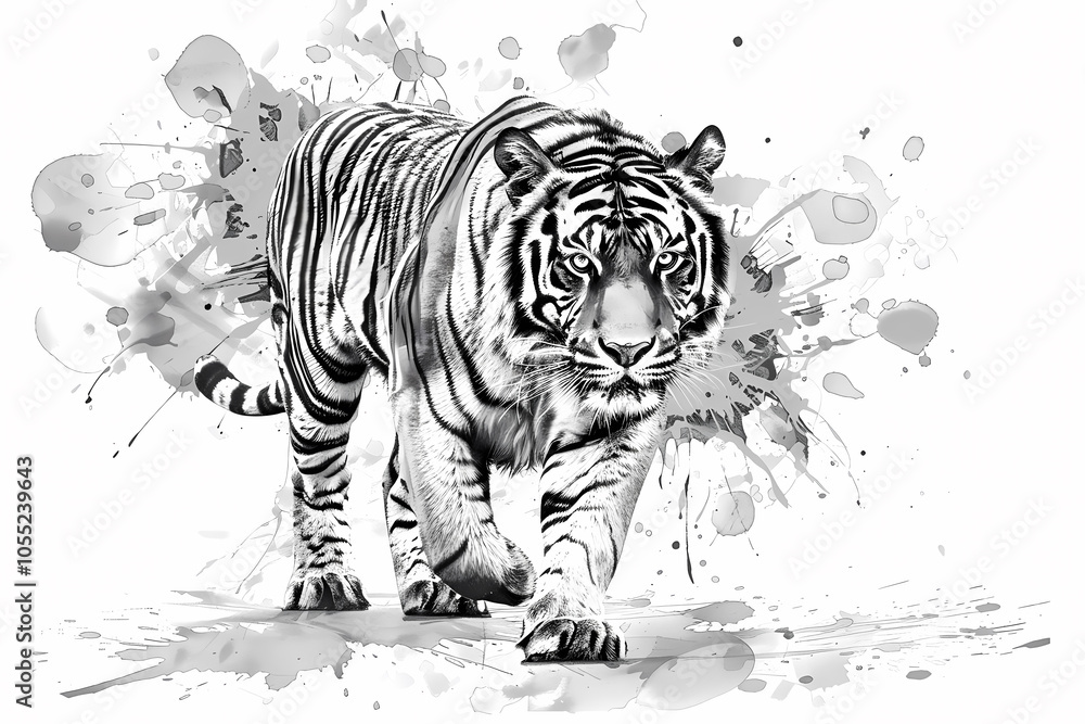 A striking black and white illustration of a tiger walking through splashes of ink, showcasing its power and elegance. A striking black and white illustration of a tiger walking through splashes of ink, showcasing its power and elegance.