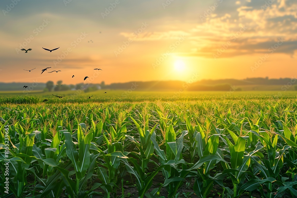Sunrise over Corn Plantation with Flying Birds Sunrise over Corn Plantation with Flying Birds