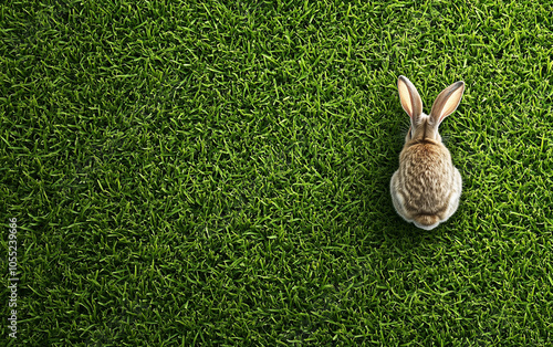 Rabbit on green grass, isolated, cute and playful demeanor. photo