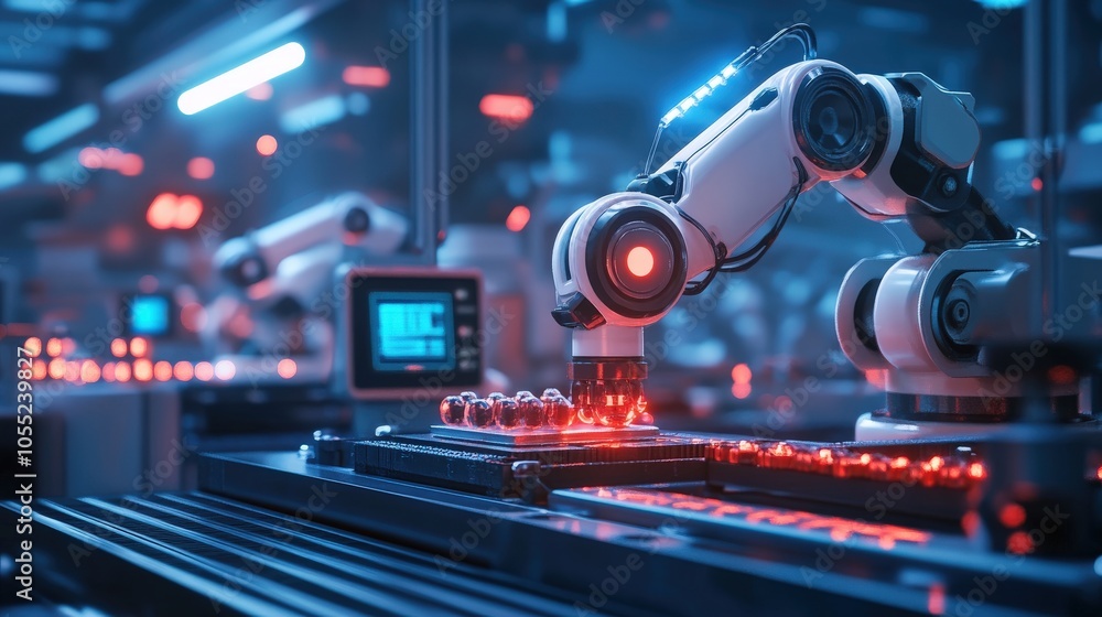 A digital rendering of a smart factory where robots and AI manage the production process with precision A digital rendering of a smart factory where robots and AI manage the production process with precision